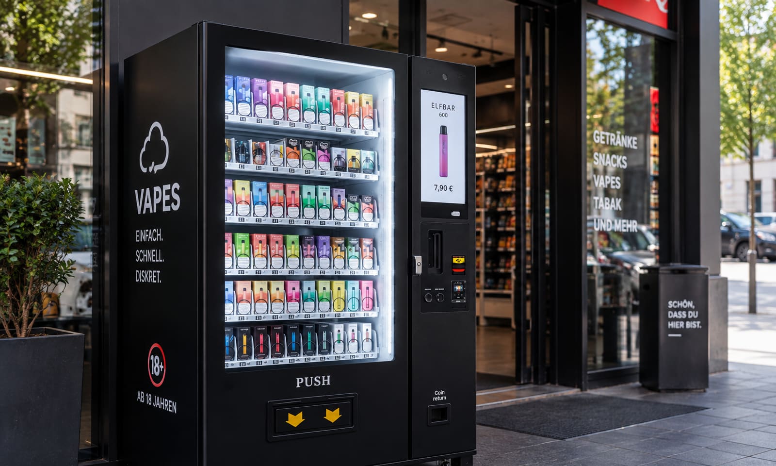 Vape-Automat mit beleuchtetem Warenfach an einer Kioskfassade in einer deutschen Innenstadt